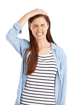 Remember, regret and face of woman with a mistake or fail in transparent, isolated or png background. Frustrated, emoji and embarrassed person cringe at wrong choice or thinking about a problem