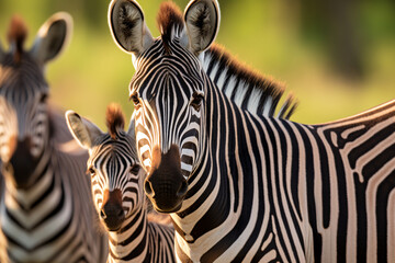 Fototapeta na wymiar Herd of zebras mother and foal with family in grassland savanna, close up shot, beautiful wildlife animal background.