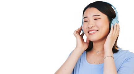 Smile, headphones and woman or music, chilling and streaming radio or isolated on transparent png background. Happy asian person, podcast and hearing audio or song, playlist and sound for relaxing
