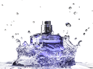 Glass bottle with purple violet toilet water and water splash around it