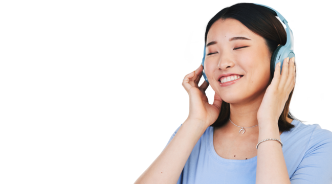 Smile, headphones and woman or music, chilling and streaming radio or isolated on transparent png background. Happy asian person, podcast and hearing audio or song, playlist and sound for relaxing