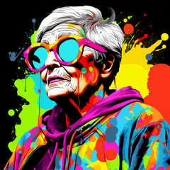 vibrant pop art portrait of a old woman in sunglasses executed in rich colors with dripping paint and graffiti elements
