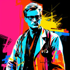 vibrant pop art portrait of a doctor executed in rich colors with dripping paint and graffiti elements