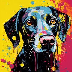 vibrant pop art portrait of a dog executed in rich colors with dripping paint and graffiti elements