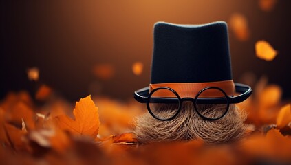 An orange background with an image of a black hat, glasses, and mustaches against a backdrop of falling autumn leaves, creating the illusion of a face.
