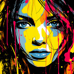 vibrant pop art portrait of a beautiful woman executed in rich colors with dripping paint and graffiti elements