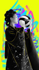 Contemporary art collage. Modern artwork. Monochrome Asian woman, princess holds basketball ball against background with drawings. Poster.