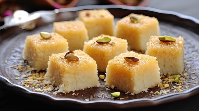 Middle eastern semolina sweets basbousa , namoura, hareesa. arabic sweet mannik slices in a plate 