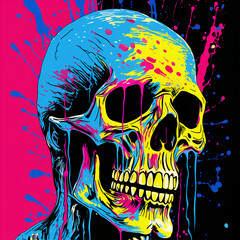 vibrant pop art skull executed in rich colors with dripping paint and graffiti elements