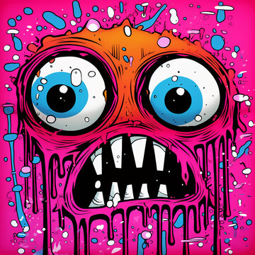 vibrant pop art little funny pink monster executed in rich colors with dripping paint and graffiti elements