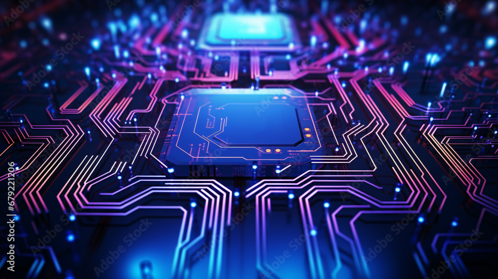 Aufkleber digital circuit board microprocessor motherboard computer hardware in neon purple and blue glowing l