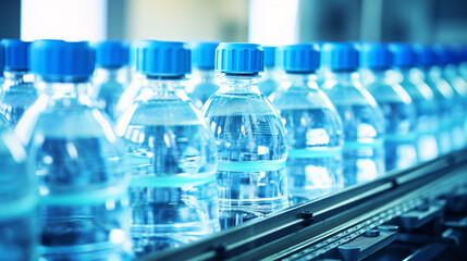 Drinking water production line in factory, a row of drinking water in plastic bottles in  close up shot.