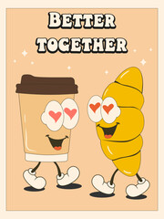 Groovy retro 70s style coffee cup and croissant in love poster. Coffee shop vintage banner. Editable text effect