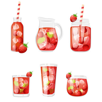 Summer soft cold drinks in different glass container with strawberry and mint. Cartoon vector illustration isolate on white background.