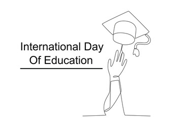A graduation cap was thrown up. International day of education one-line drawing