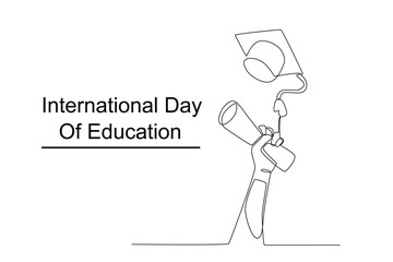 A hand holding a diploma and a graduation cap. International day of education one-line drawing