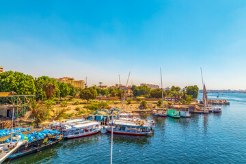 Fototapeta na wymiar View of the Aswan waterfront from the Nile River.