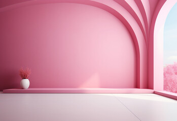 pink room with a window generating by AI technology