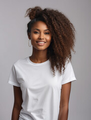 happy african woman in white mock up t shirt , looking back, face in profile