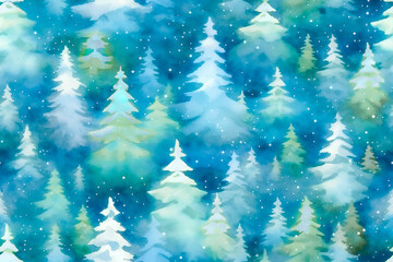 Fototapeta na wymiar Cyan snow-covered spruce trees in forest. Watercolor seamless pattern. Packaging, wrapping. Christmas, new year