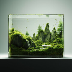 Grüner Miniaturwald in einem Glaskubus, stilvoll und modern. Perfekt für ökologische Konzepte.