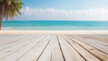 Fototapeta premium Empty wooden floor for product display montages with sea and mountain background