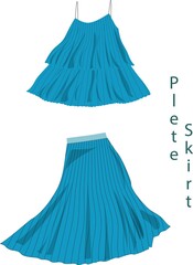 Fashion illustration, Pleat blouse and skirt blue color.