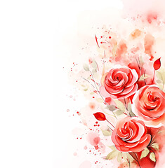 Watercolor Red Roses Background with Copy Space, Romantic Valentines Day Background