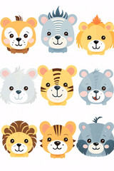 Joyful Safari Animal Faces Vector Set Including Tiger, Lion, Elephant, Giraffe, Zebra, Hippo, Rhino, Monkey