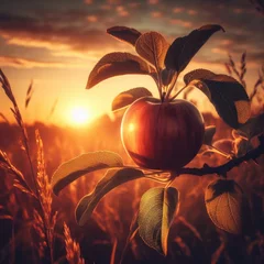 Fotobehang red apple on tree  sunset in the field background © Deanmon