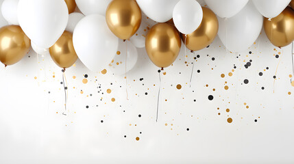 Happy birthday template  with sparkles, white and gold balloons 