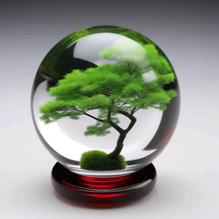 Bola de adorno de cristal transparente con un árbol bonsai dentro 