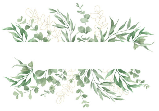 Watercolor floral card with eucalyptus branches. Hand drawn illustration isolated on white background. Vector EPS.