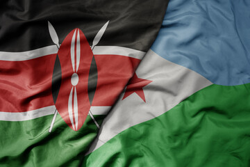 big waving national colorful flag of kenya and national flag of djibouti