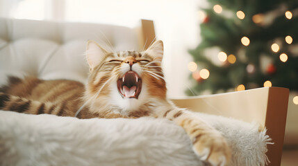 Cute cat lying on modern armchair and yawning on background of stylish decorated christmas tree in sunny room. Pet and winter holidays. Atmospheric cozy christmas time - obrazy, fototapety, plakaty