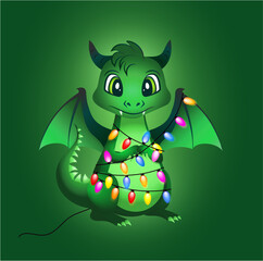 Playful cartoon dragon tangled in a garland of bright light bulbs. Chinese 2024 New Year character.