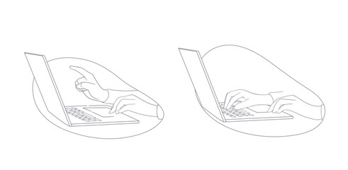 Harmony in Productivity: A vector illustration of hands creating text on a laptop from lines and a white background, symbolizing the synchronization of creativity and technology in a modern workspace