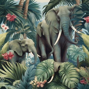 Jungle chinoiserie wallpaper Featuring a design of Elephant seamless pattern