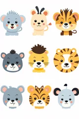 Muurstickers Schattige dieren set Joyful Safari Animal Faces Vector Set Including Tiger, Lion, Elephant, Giraffe, Zebra, Hippo, Rhino, Monkey
