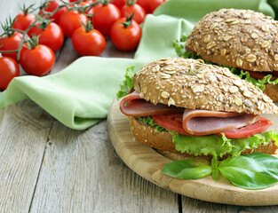 healthy eating sandwich rye bread with vegetables and basil