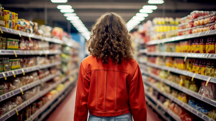 Woman is shopping at supermarket. Walk between shelves and select products, look for suitable items and get discounts. Generative AI