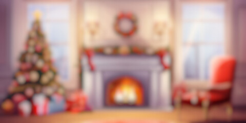 Blurred cozy living room with christmas tree and festive gifts decoration, beautiful warm apartment interior for new year celebration background, winter festival holiday backdrop