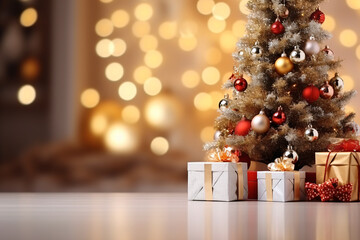 Christmas gift box on tabletop with festive tree ornaments and bokeh light background, warm gold empty product showcase table with copy space for new year festival holiday backdrop