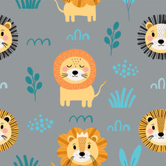 Cute lion seamless pattern. Hand drawn for children textile, apparel, nursery decoration, gift wrap paper, baby's shirt, fabric. Vector illustration