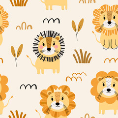 Cute lion seamless pattern. Hand drawn for children textile, apparel, nursery decoration, gift wrap paper, baby's shirt, fabric. Vector illustration