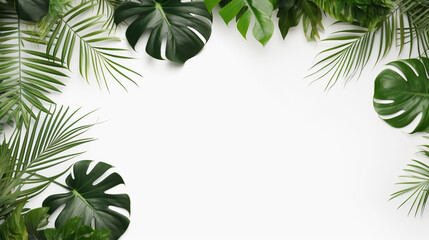 A white background with tropical leaves