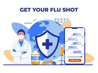 Get your flu shot today web illustration for websites, social media, news. Pharmacy concept. Doctor in white doctor's coat encourages people to get vaccinated against influenza with a flu shot - obrazy, fototapety, plakaty