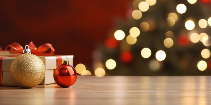Christmas gift box on tabletop with festive tree ornaments and bokeh light background, warm gold empty product showcase table with copy space for new year festival holiday backdrop