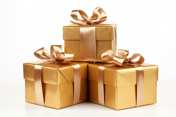 Obraz premium Gift boxes tied with ribbons isolated on a white background. Congratulatory, New Year or Christmas background.