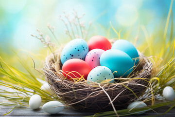 Fototapeta na wymiar Multi-colored eggs on a festive mockup for Easter.